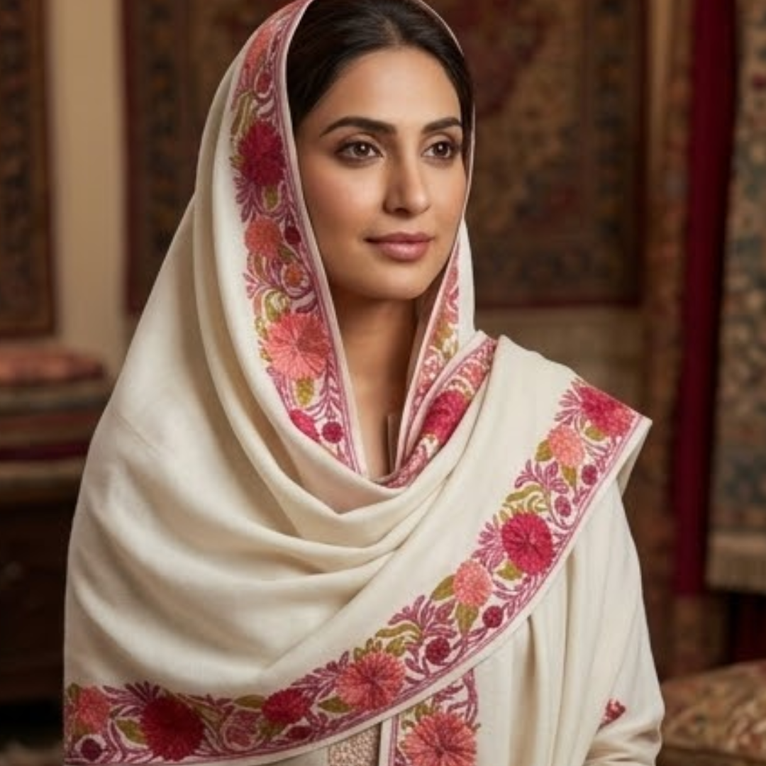 White Kashmiri Embroidered Stole