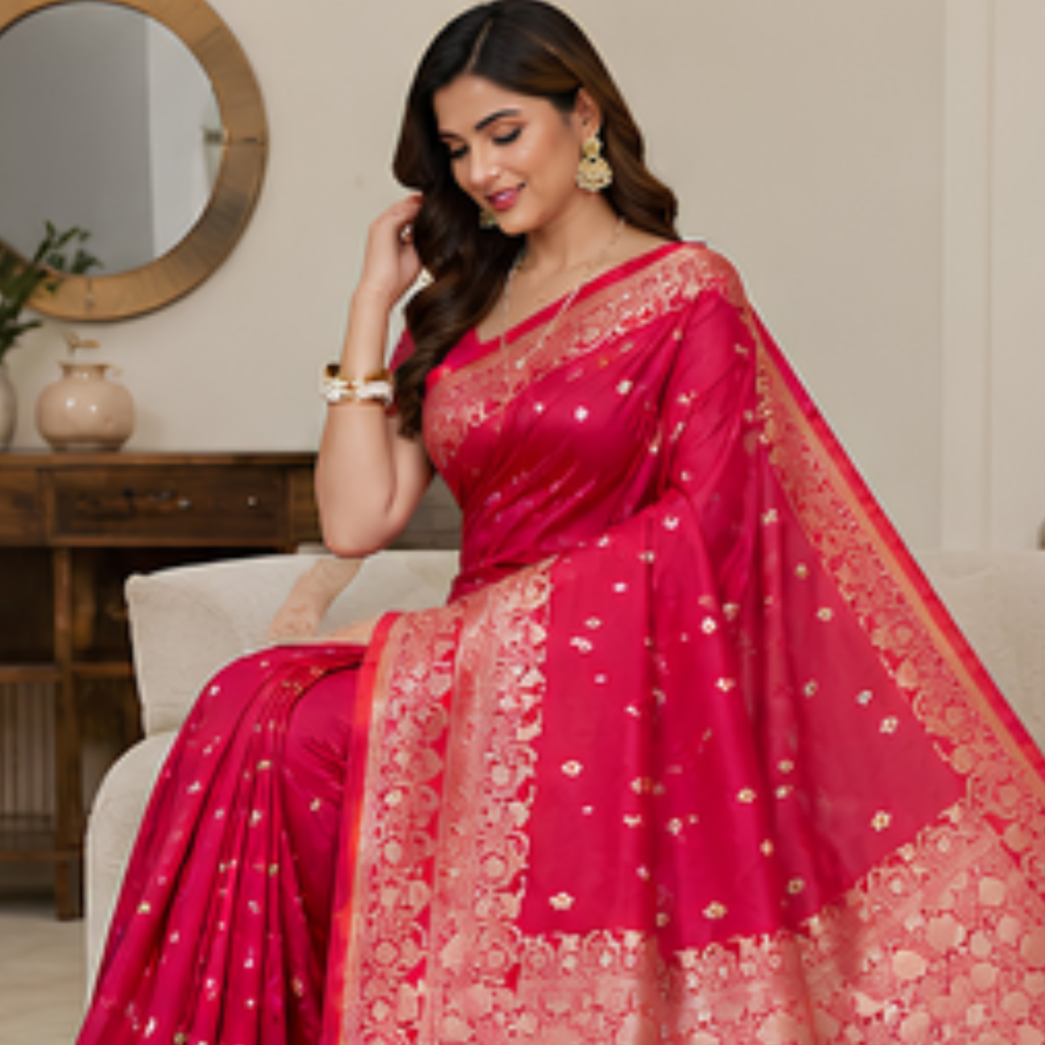 Pure Maroon Jaal Banarsi Saree