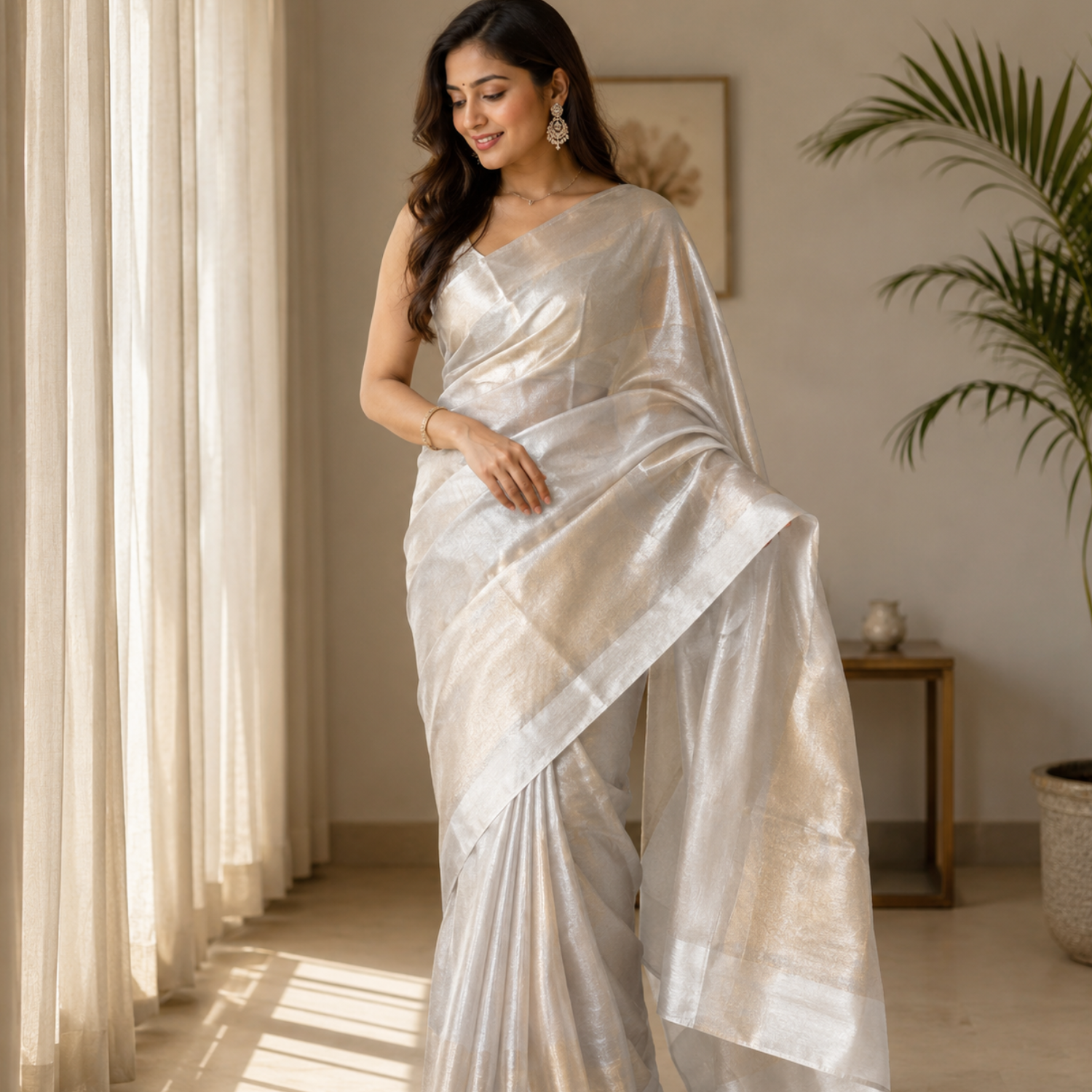 SATIN BORDER SILVER TISSUE SAREE
