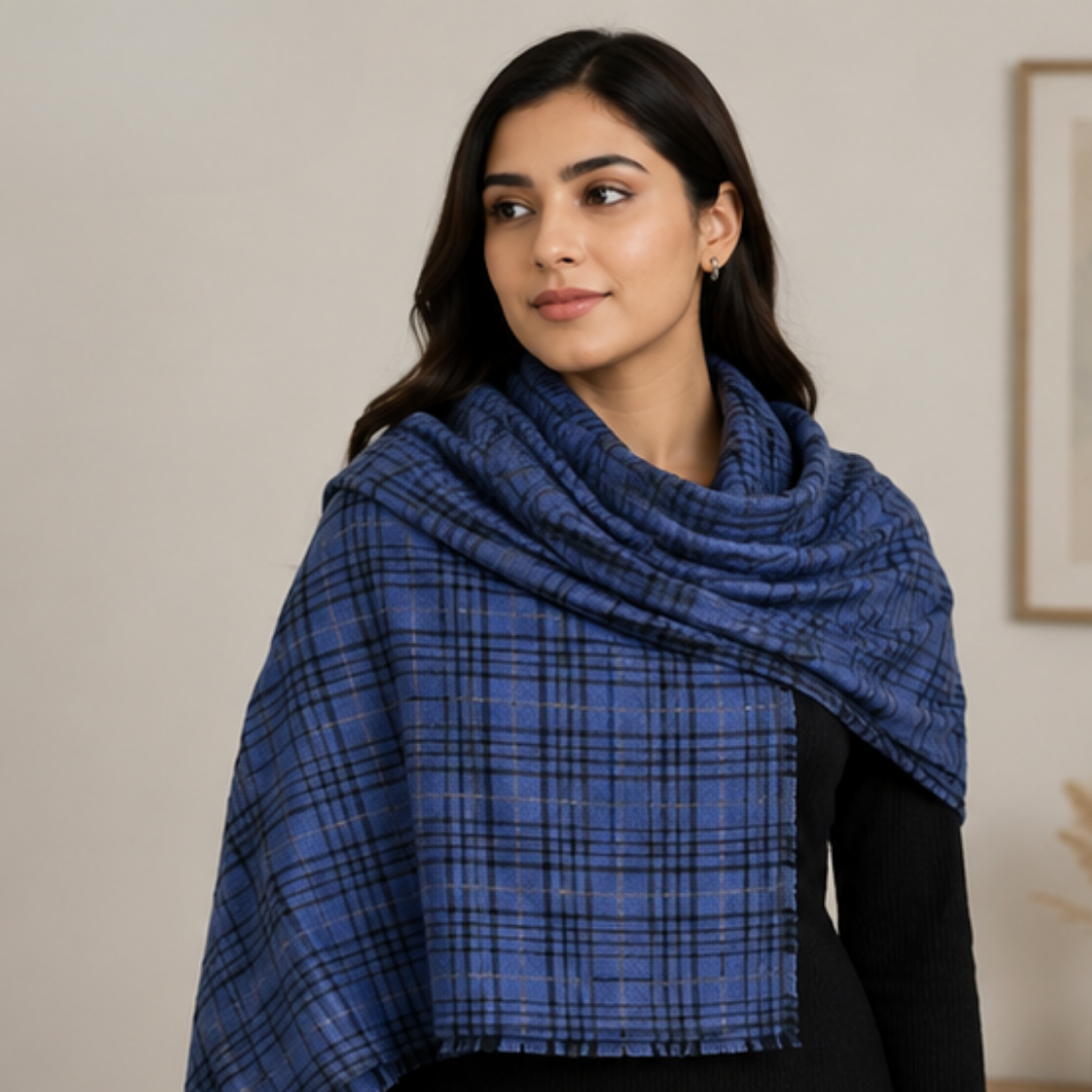 Pure hand woven Kashmiri pashmina blue striped/check two toned textured stole