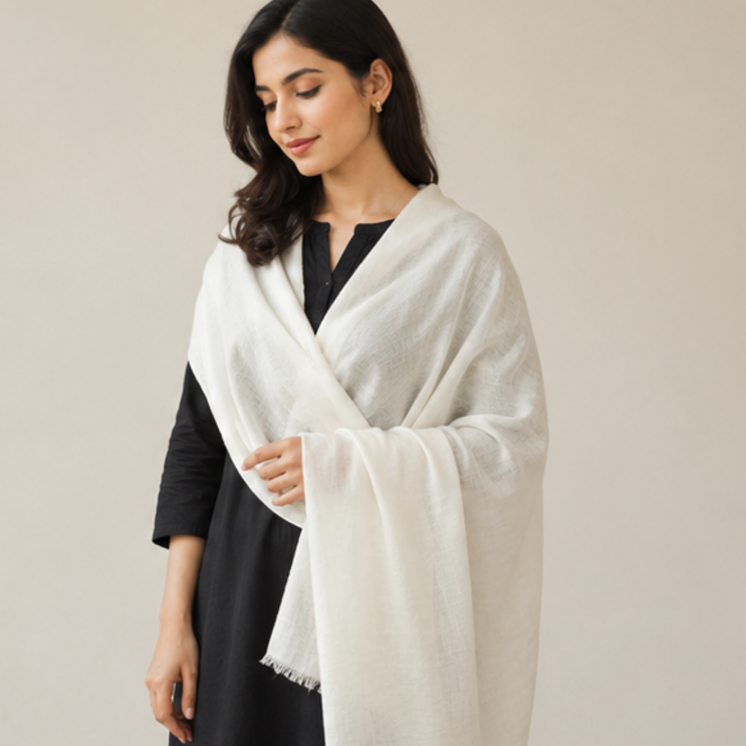 Pure hand woven Kashmiri pashmina offwhite textured stole