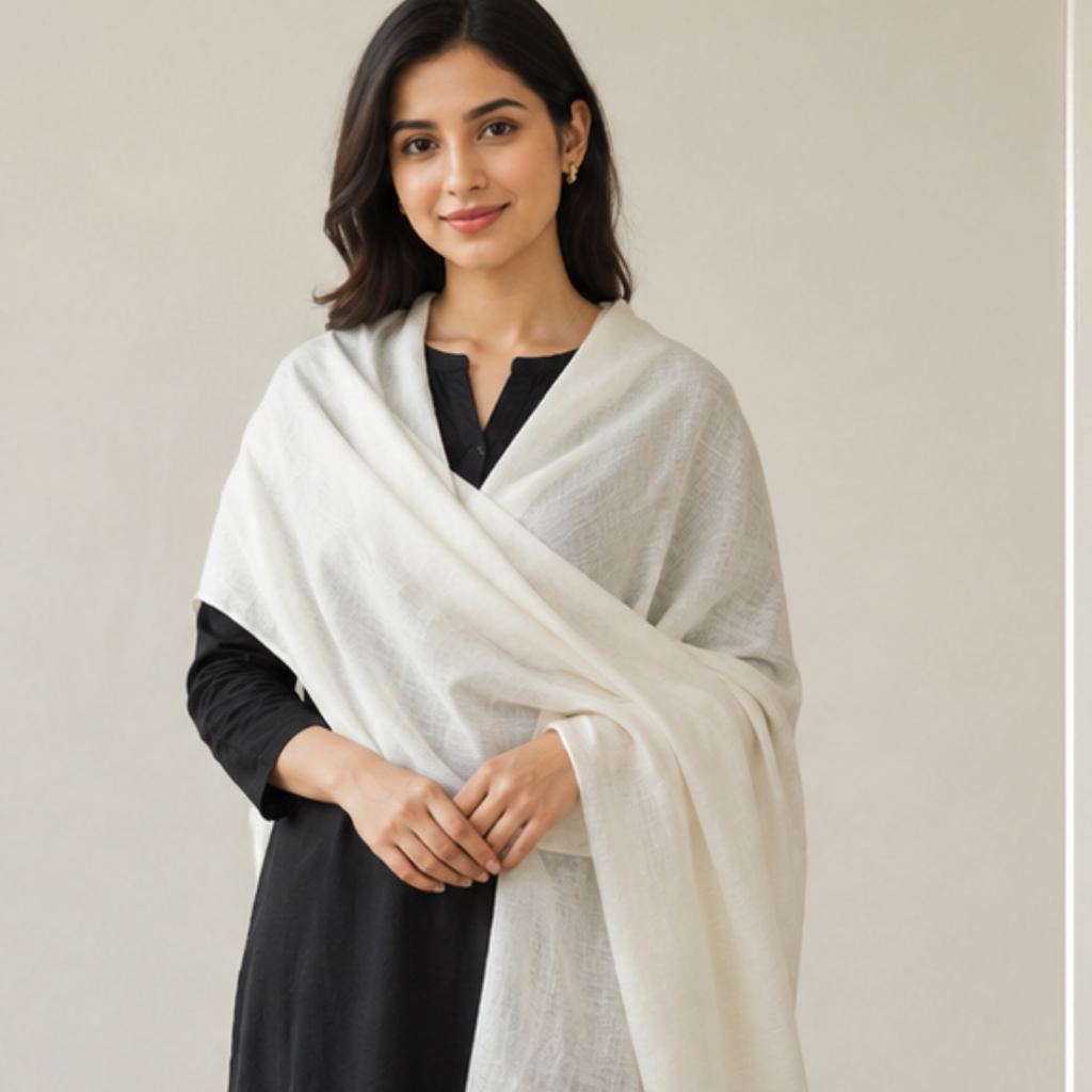 Pure hand woven Kashmiri pashmina offwhite textured stole
