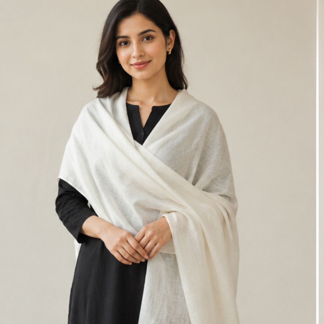 Pure hand woven Kashmiri pashmina offwhite textured stole