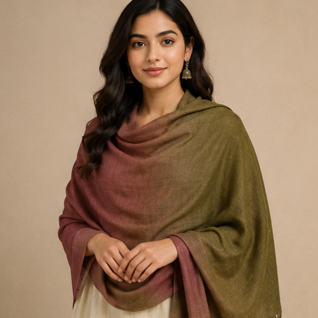 Pure hand woven Kashmiri pashmina olive green/brown two toned textured stole