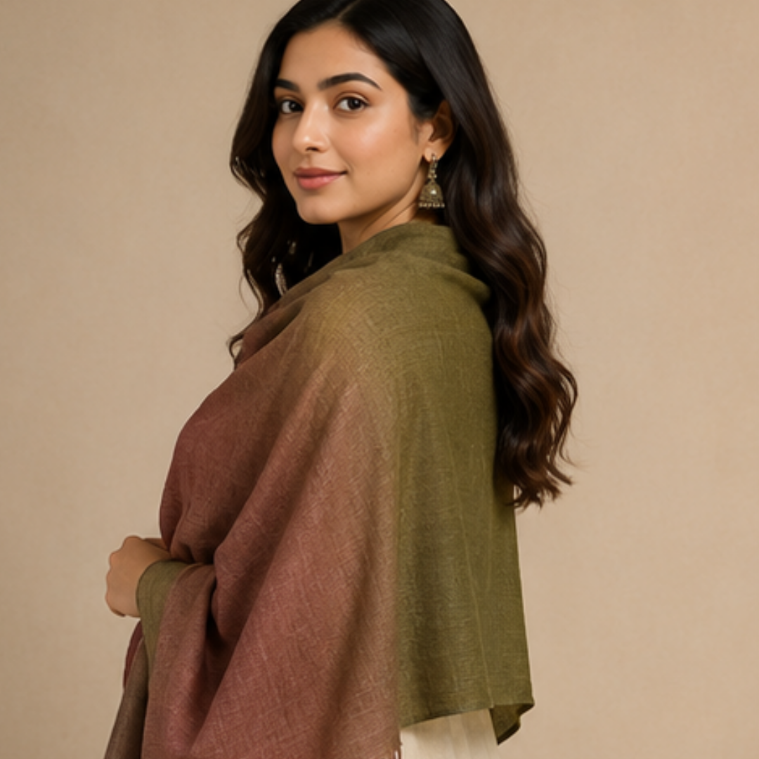 Pure hand woven Kashmiri pashmina olive green/brown two toned textured stole