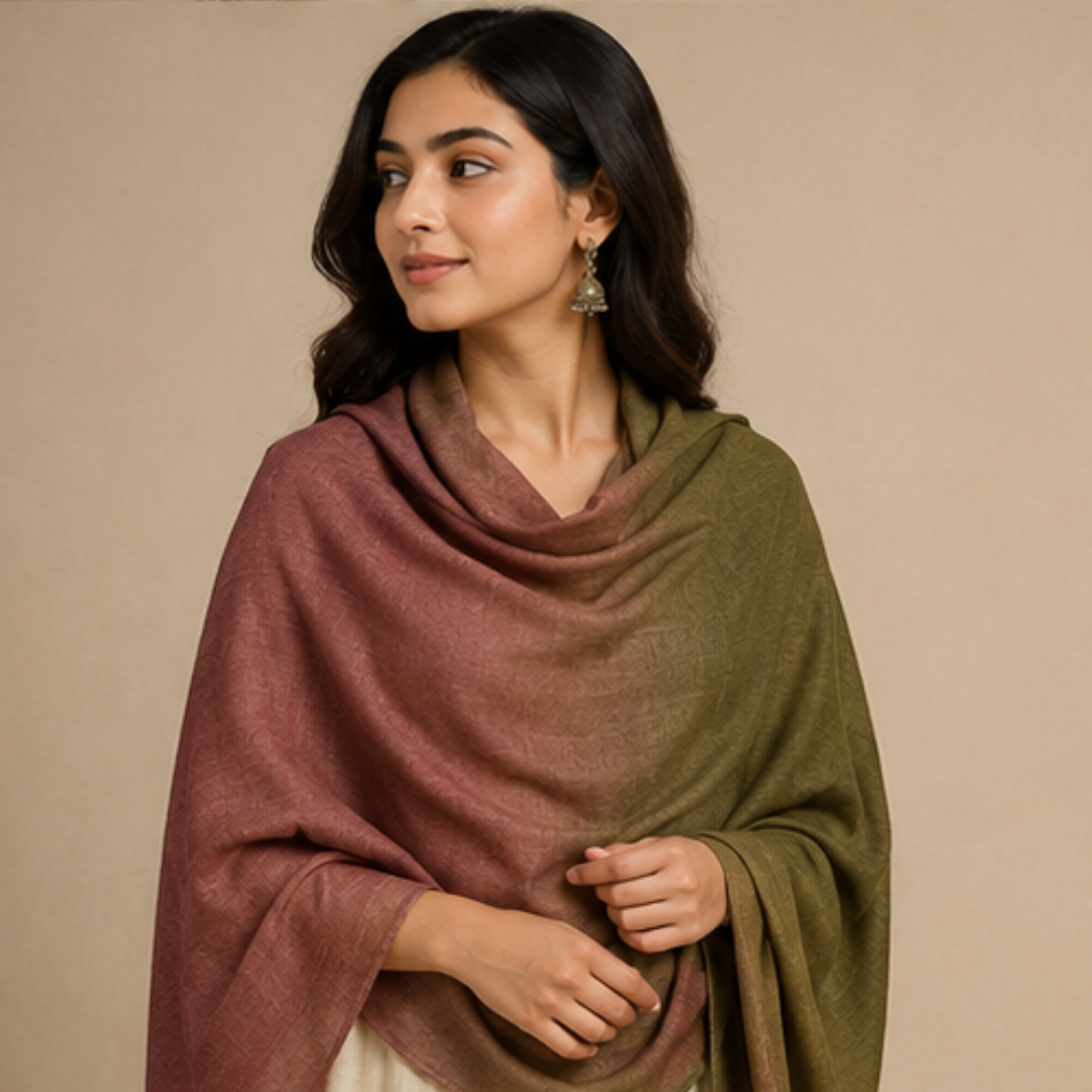Pure hand woven Kashmiri pashmina olive green/brown two toned textured stole