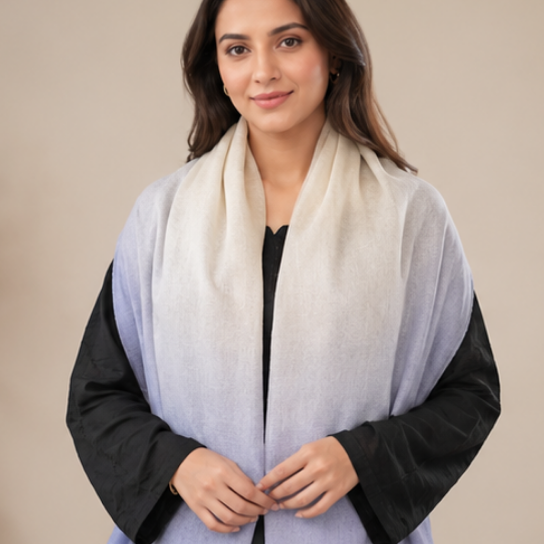 Pure hand woven Kashmiri pashmina cream/blue two toned textured stole