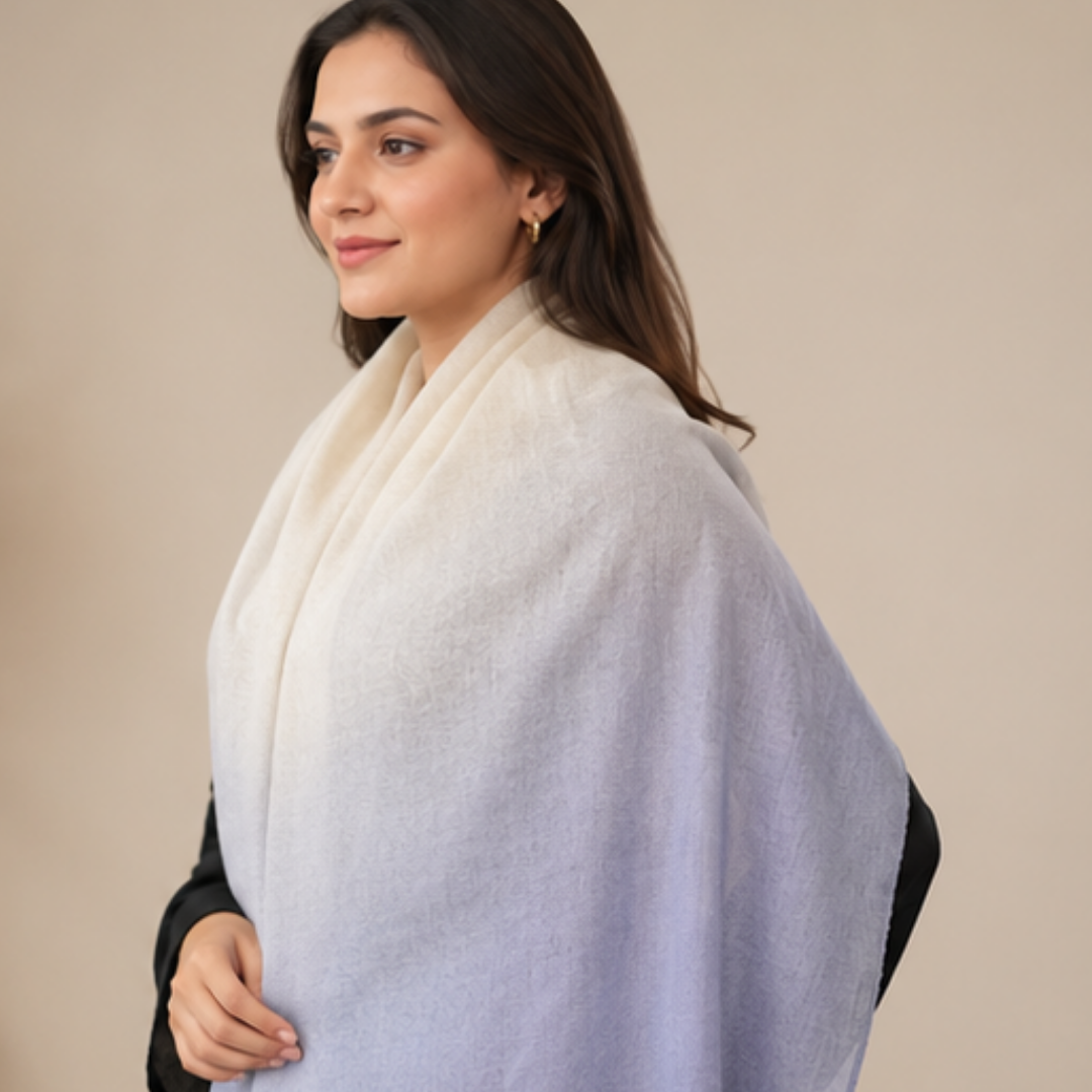 Pure hand woven Kashmiri pashmina cream/blue two toned textured stole