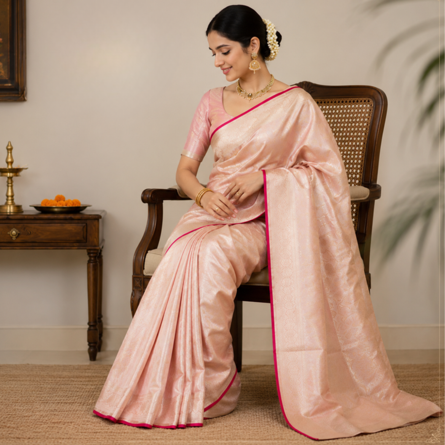 Pure Onion Pink Booti Banarsi Saree