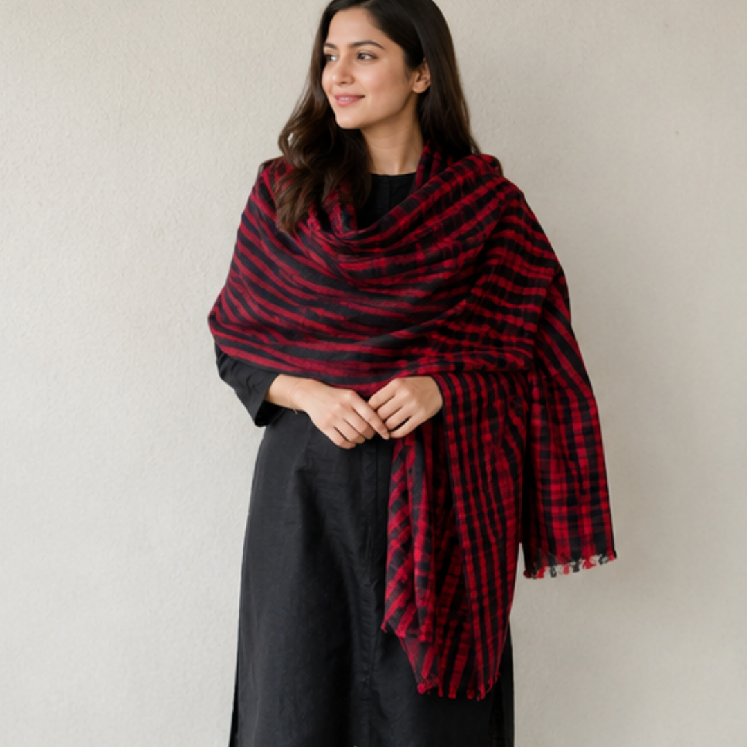 Pure hand woven Kashmiri pashmina red/black check shawl