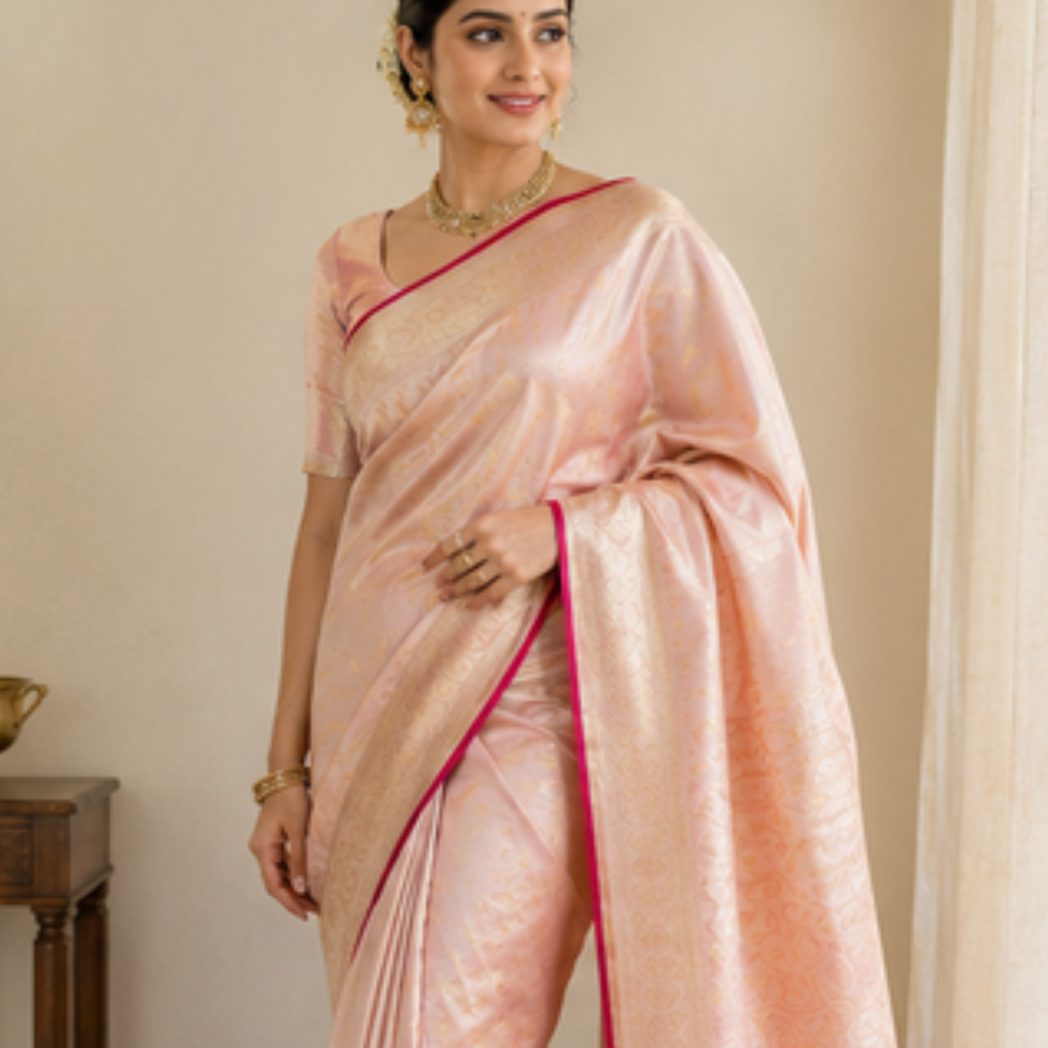 Pure Onion Pink Booti Banarsi Saree