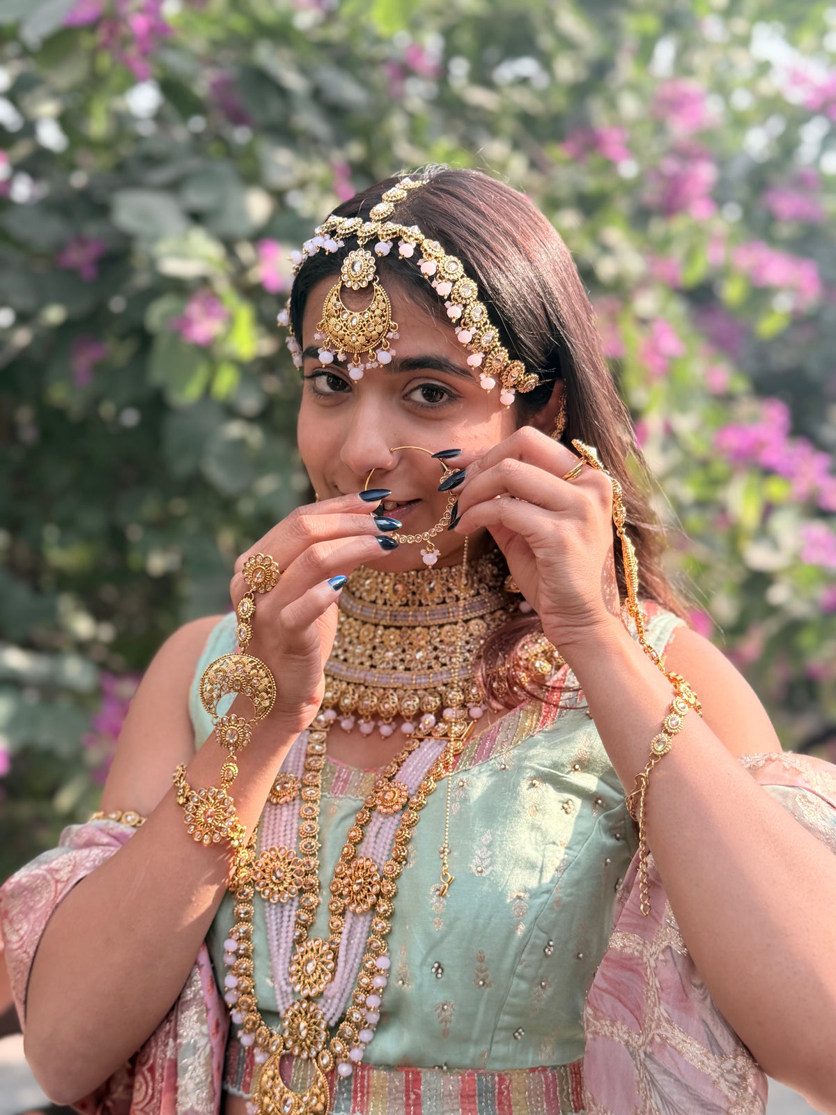 Designer Pink Full Bridal Polki Necklace Set
