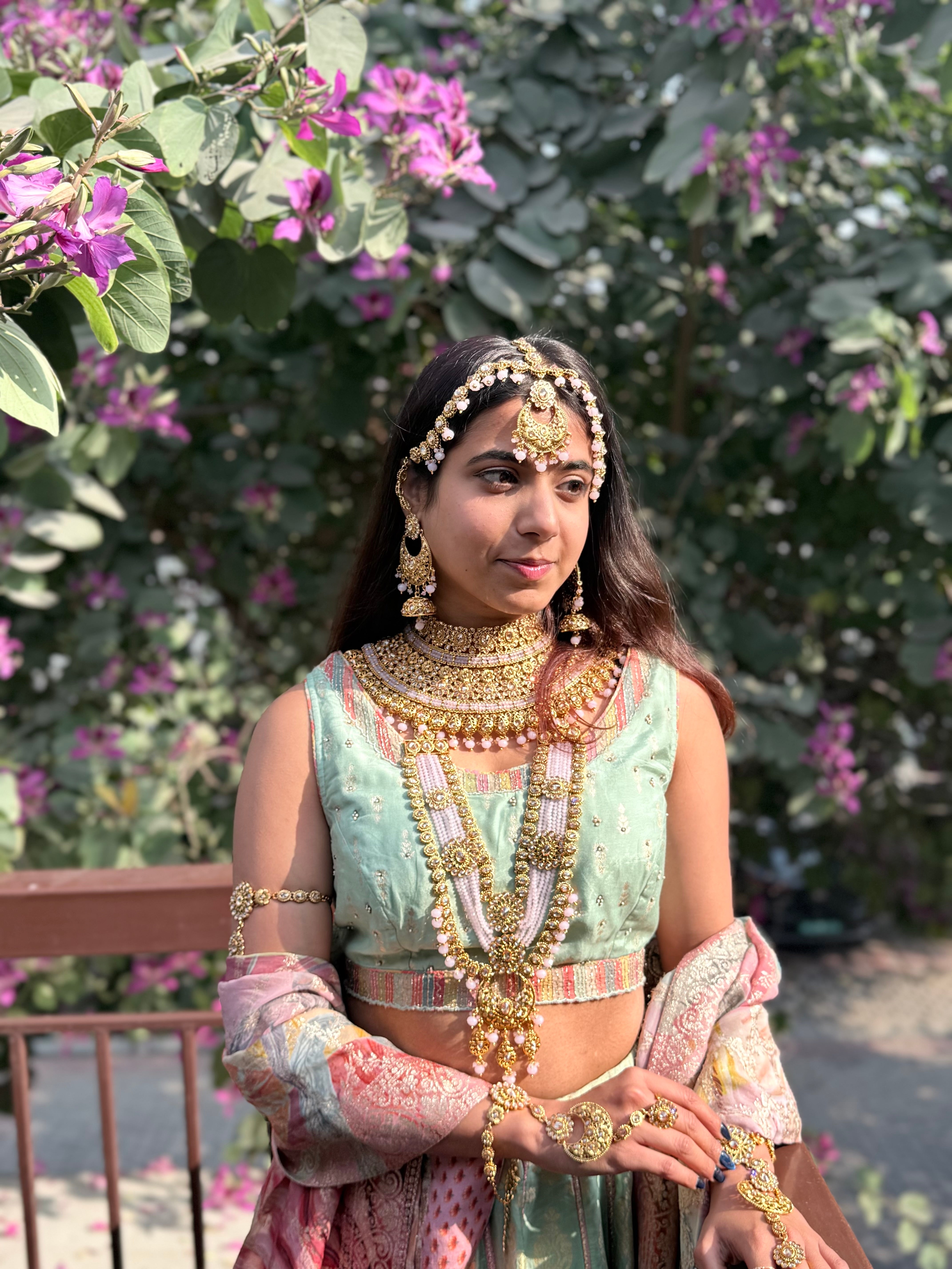 Designer Pink Full Bridal Polki Necklace Set