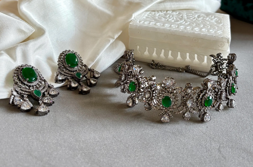 Green Victorian Quartz Choker Jewellery Set
