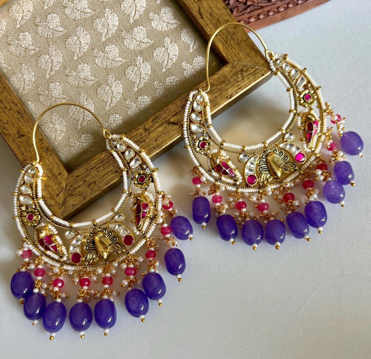 Ruby and Purple Kundan Chandbalis