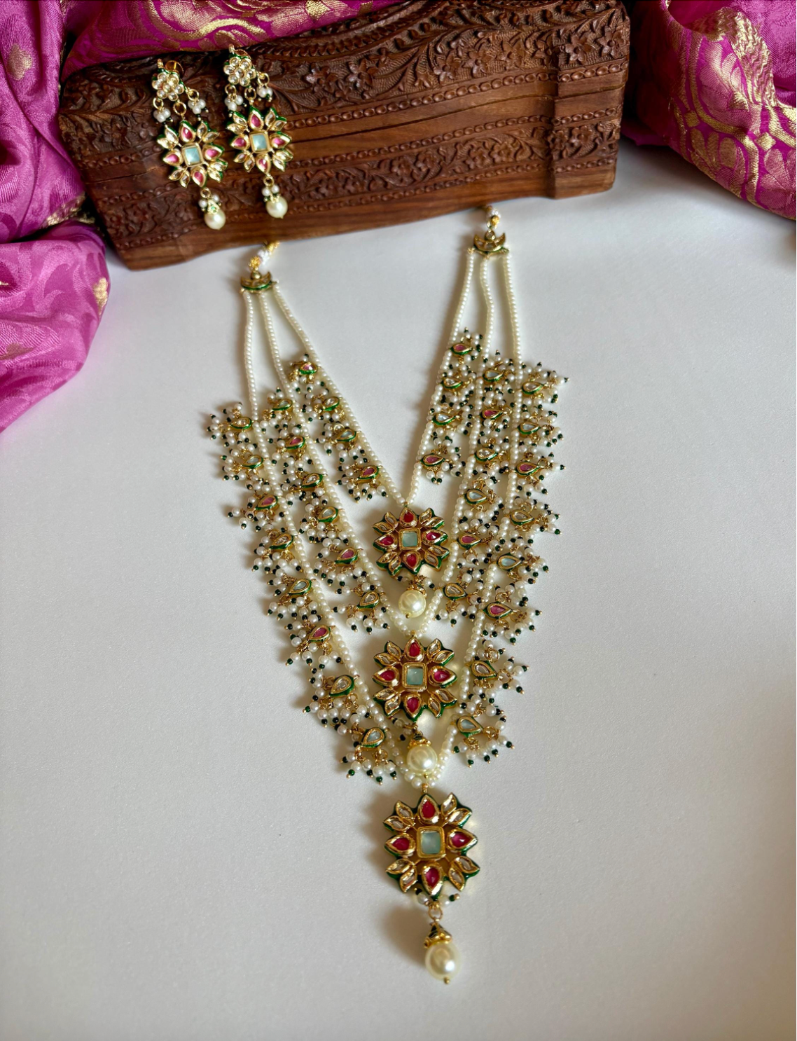 Pink and Mintgreen Kundan Necklace Set