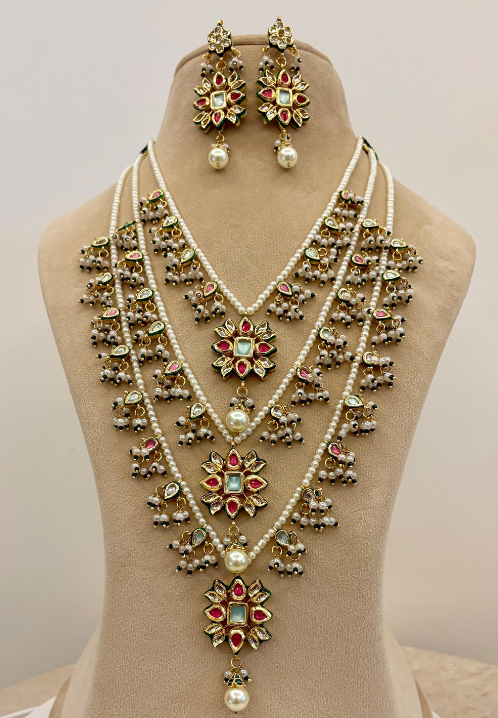 Pink and Mintgreen Kundan Necklace Set