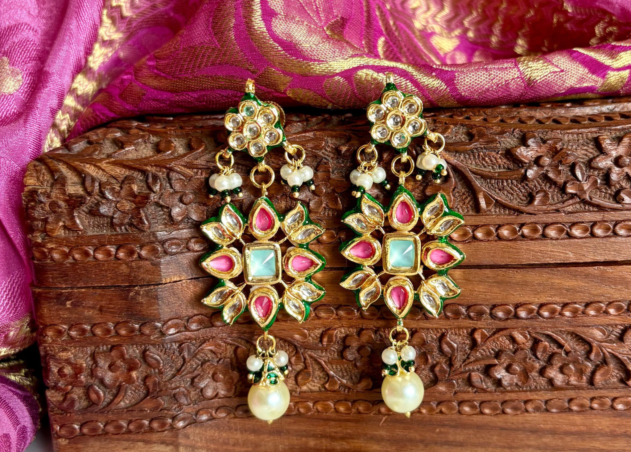 Pink and Mintgreen Kundan Necklace Set