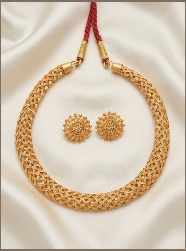 Gold Mesh Hasli Necklace Set – Traditional Statement Jewellery