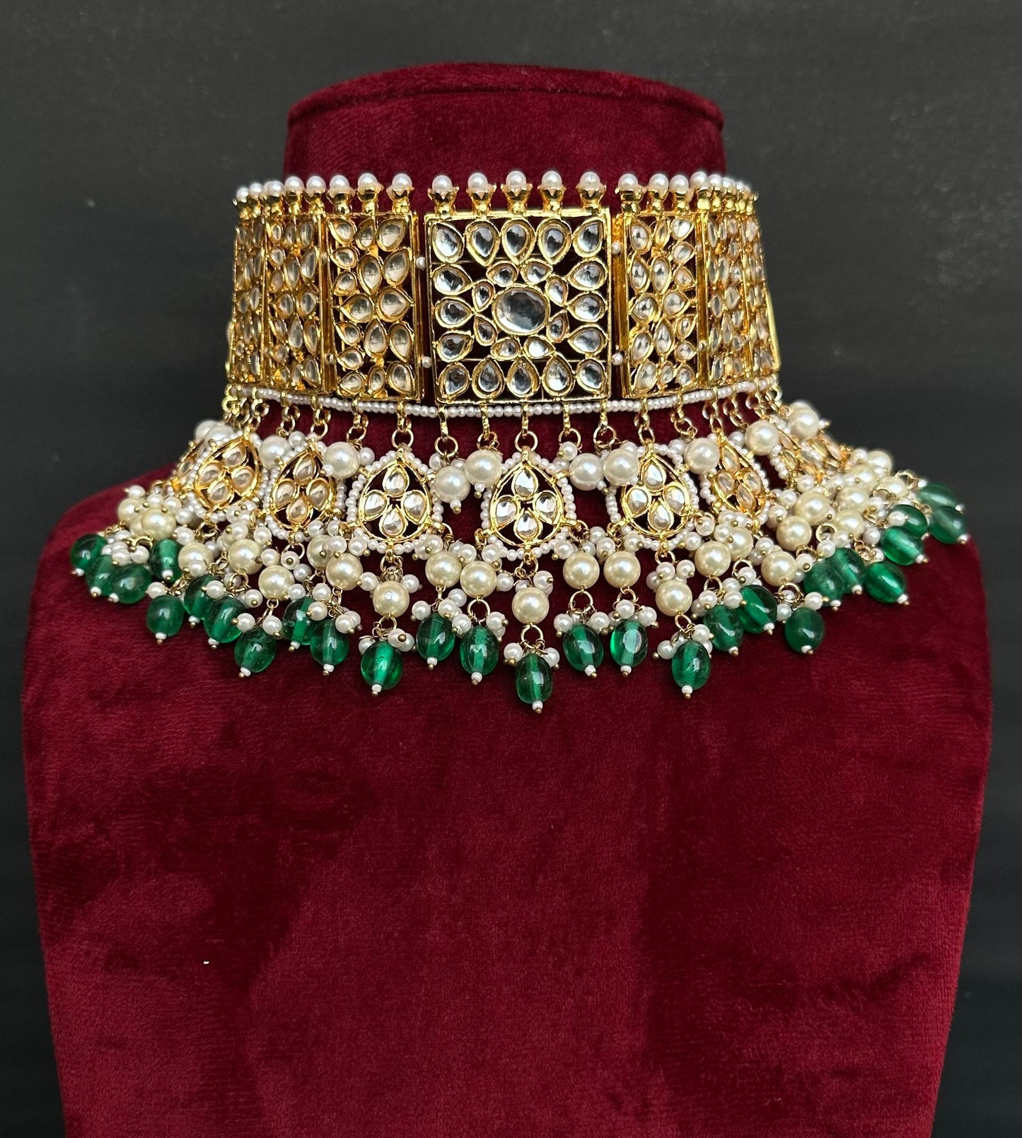 Katrina Kaif Inspired/Bridal Jewelry Set/Emerald Green Kundan Choker Set/Gold Necklace Set/Indian Jewelry/Bollywood Jewelry/Jhumkas