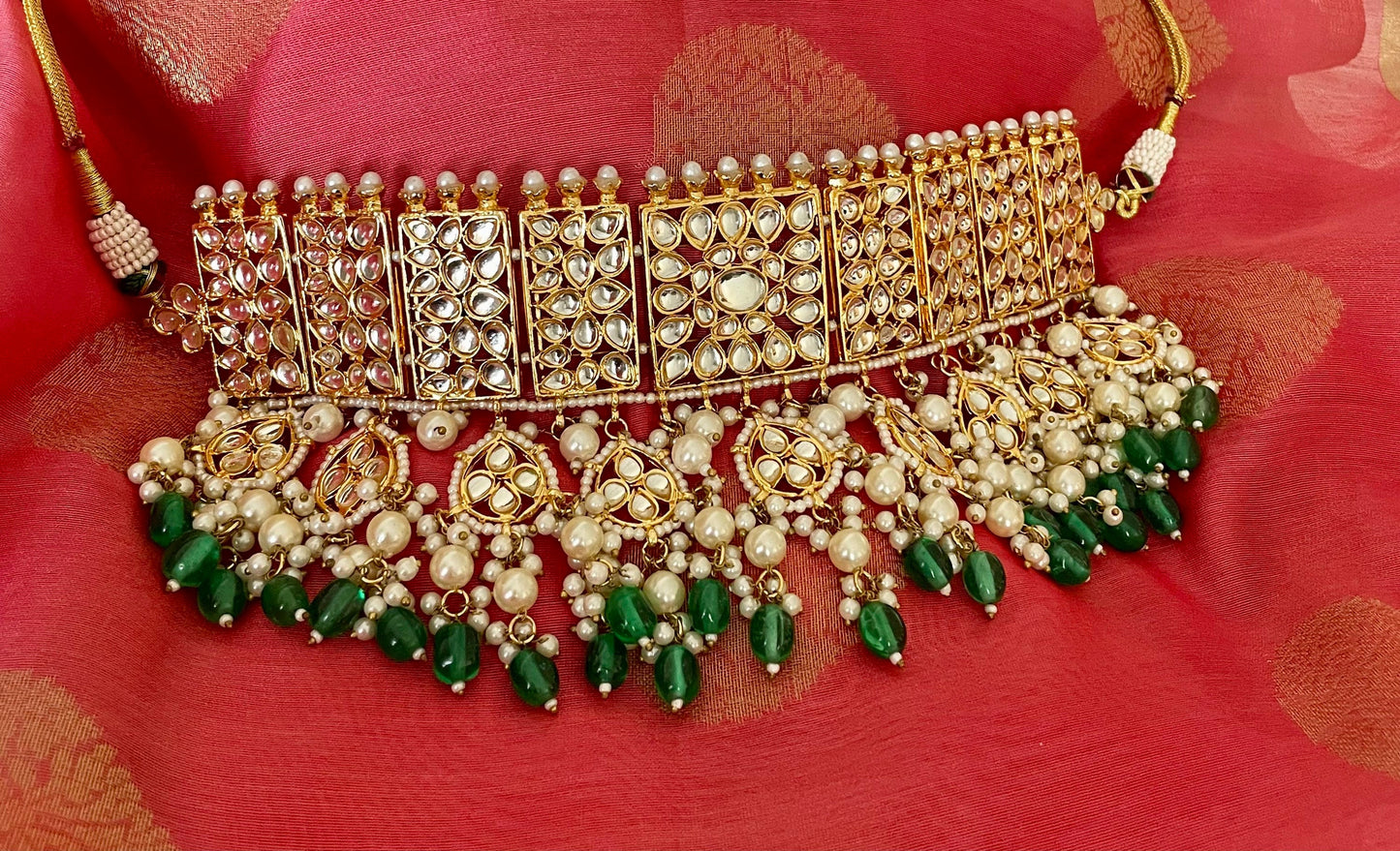 Katrina Kaif Inspired/Bridal Jewelry Set/Emerald Green Kundan Choker Set/Gold Necklace Set/Indian Jewelry/Bollywood Jewelry/Jhumkas