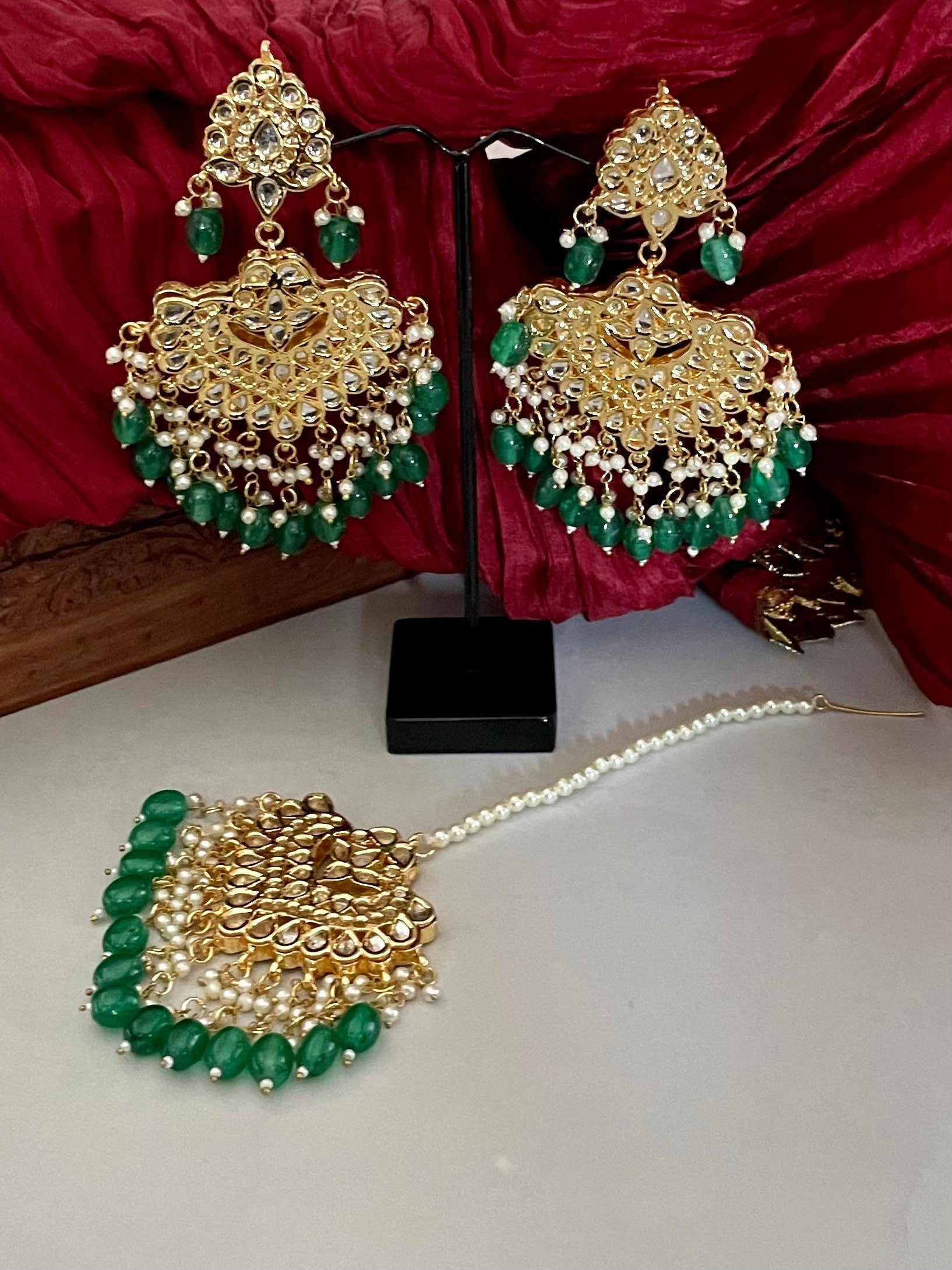 Kundan Tikka Set/Bridal Indian Jewelry/Chandbalis/Punjabi Jewelry/Bollywood Jewelry/Green Maang Tika/Jadau Jewelry