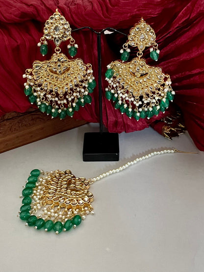 Kundan Tikka Set/Bridal Indian Jewelry/Chandbalis/Punjabi Jewelry/Bollywood Jewelry/Green Maang Tika/Jadau Jewelry