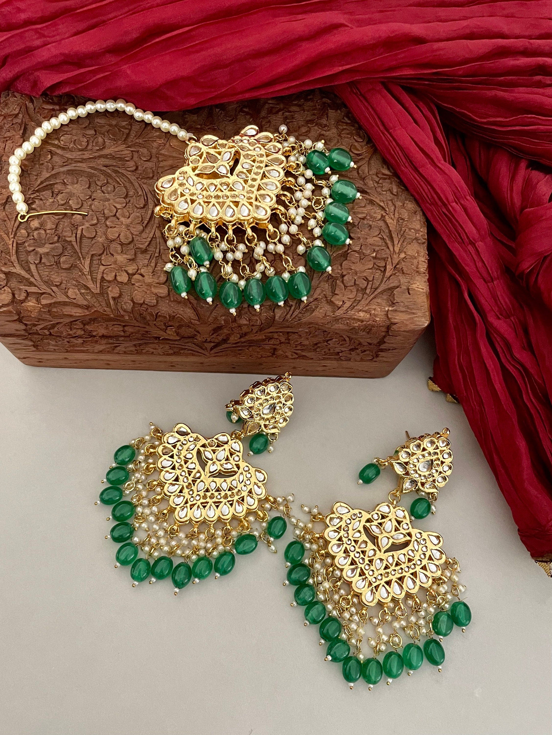 Kundan Tikka Set/Bridal Indian Jewelry/Chandbalis/Punjabi Jewelry/Bollywood Jewelry/Green Maang Tika/Jadau Jewelry