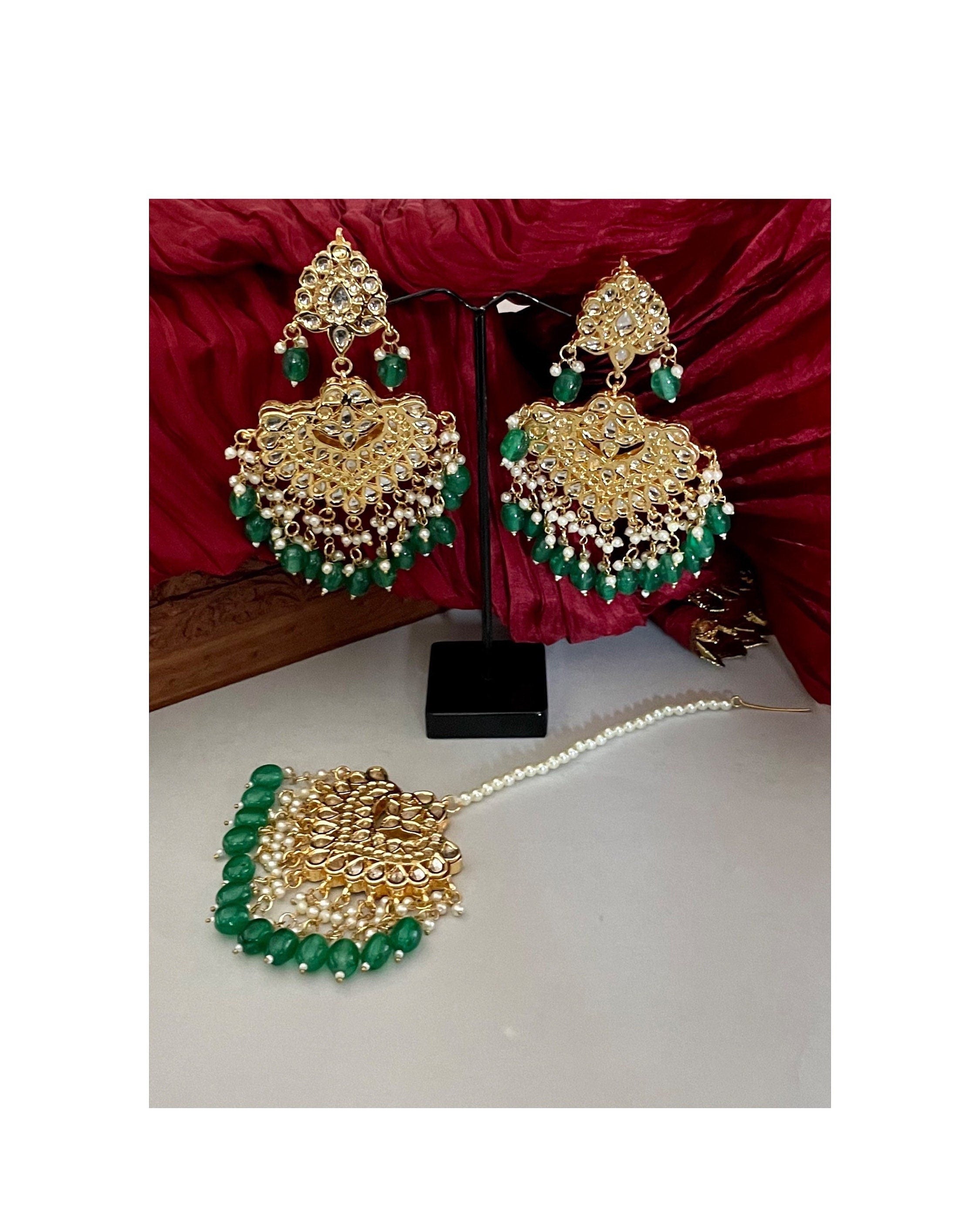Kundan Tikka Set/Bridal Indian Jewelry/Chandbalis/Punjabi Jewelry/Bollywood Jewelry/Green Maang Tika/Jadau Jewelry