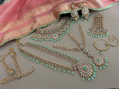 Sabyasachi Inspired/Kundan Necklace Set/Bridal Jewelry Set/Full Bridal Set/Mintgreen Bridal Set/Indian Jewelry/Bollywood Jewelry/Wedding Set