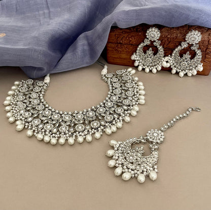 Silver Bridal Polki Jewelry Set/Silver Wedding Set/Bridal Necklace Set/Silver Chandbalis/Bridesmaid Jewelry/Indian Jewelry Set/Tika Set