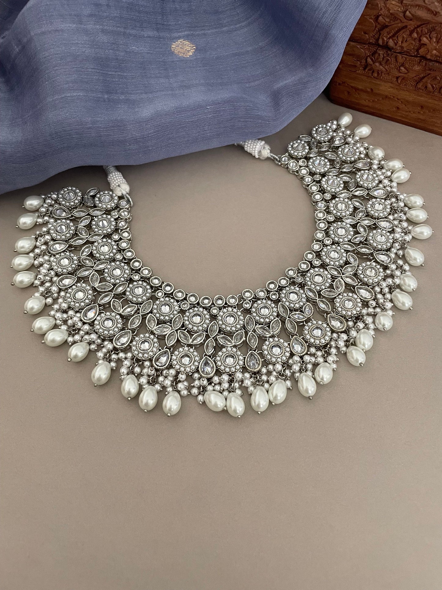 Silver Bridal Polki Jewelry Set/Silver Wedding Set/Bridal Necklace Set/Silver Chandbalis/Bridesmaid Jewelry/Indian Jewelry Set/Tika Set