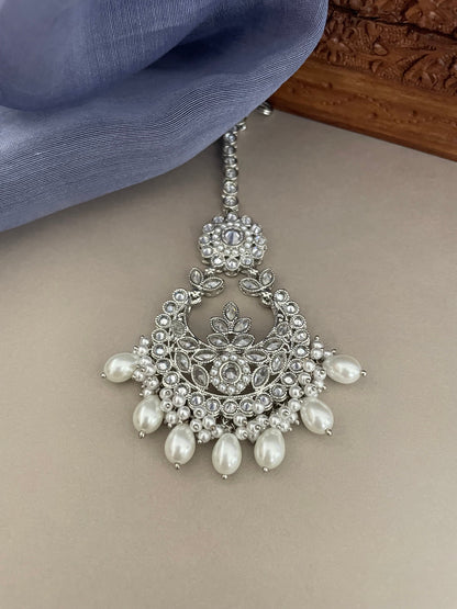 Silver Bridal Polki Jewelry Set/Silver Wedding Set/Bridal Necklace Set/Silver Chandbalis/Bridesmaid Jewelry/Indian Jewelry Set/Tika Set