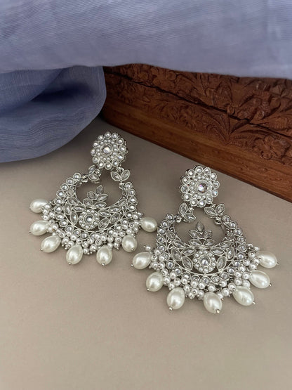 Silver Bridal Polki Jewelry Set/Silver Wedding Set/Bridal Necklace Set/Silver Chandbalis/Bridesmaid Jewelry/Indian Jewelry Set/Tika Set