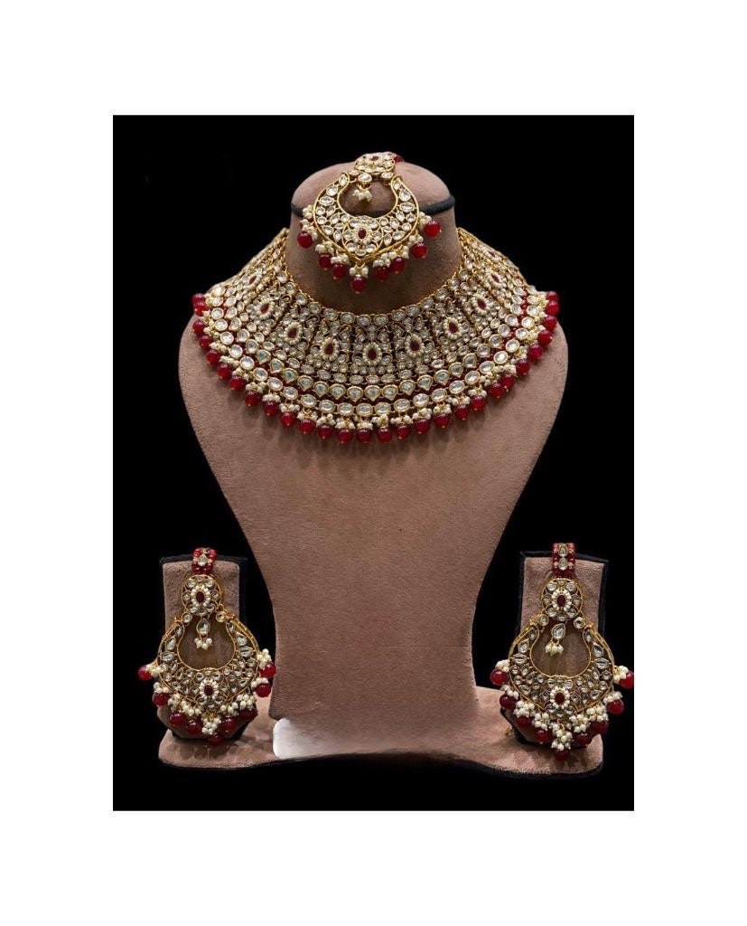 Red Bridal Kundan Jewelry Set/Bridal Choker Set/Bollywood Jewelry/Kundan Necklace Set/Red Kundan Chandbalis/Indian Jewelry Set/Tika Set