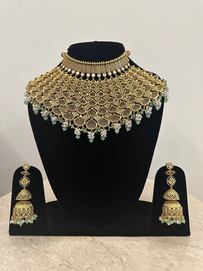 Sabyasachi Inspired/Designer Bridal Jewelry Set/Gold Choker Bridal Set/Pink&Mintgreen Bridal Set/Indian Bridal Jewelry Set/Bollywood Jewelry