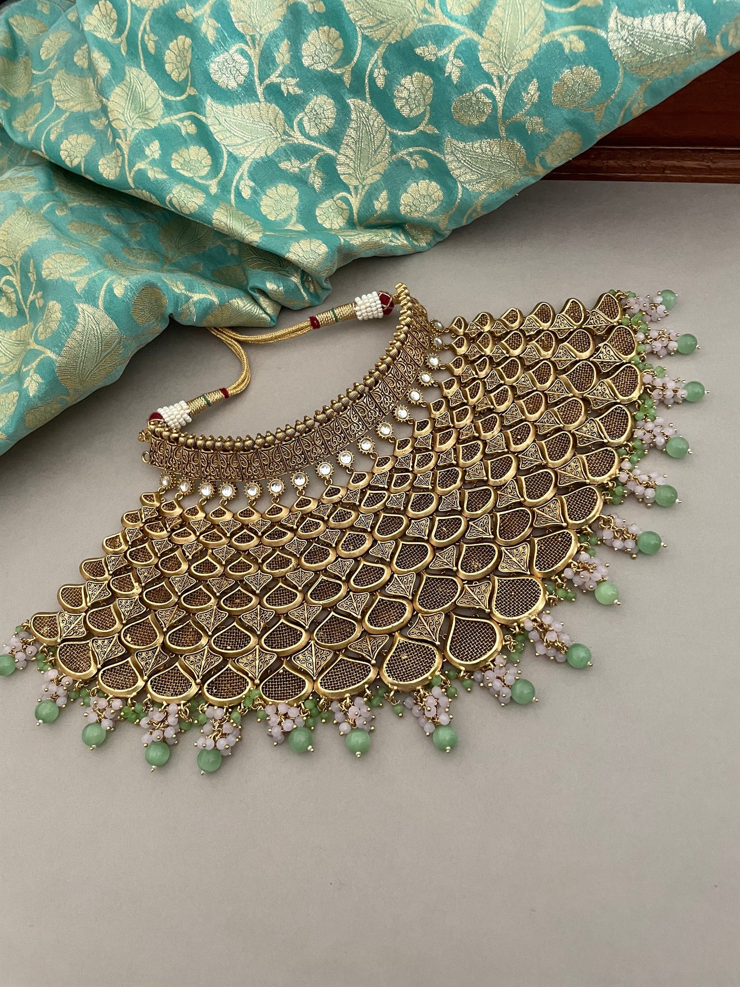 Sabyasachi Inspired/Designer Bridal Jewelry Set/Gold Choker Bridal Set/Pink&Mintgreen Bridal Set/Indian Bridal Jewelry Set/Bollywood Jewelry