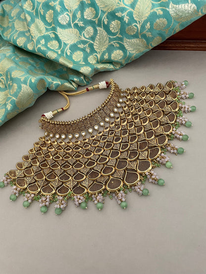 Sabyasachi Inspired/Designer Bridal Jewelry Set/Gold Choker Bridal Set/Pink&Mintgreen Bridal Set/Indian Bridal Jewelry Set/Bollywood Jewelry
