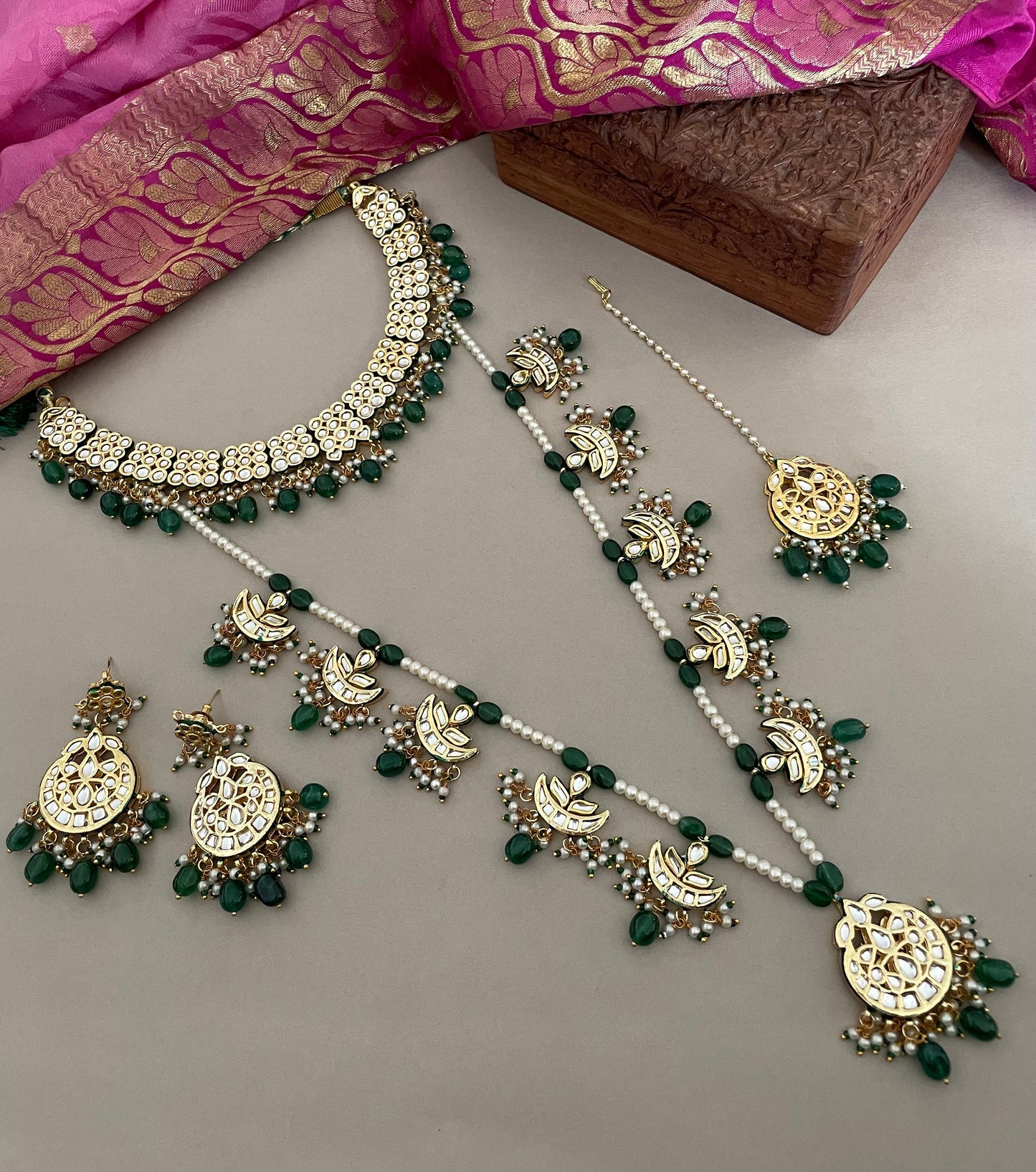 Sabyasachi Inspired/Kundan Bridal Jewelry Set/Full Bridal Set/Emerald Green Bridal Set/Indian Jewelry/Bollywood Jewelry/Wedding Set