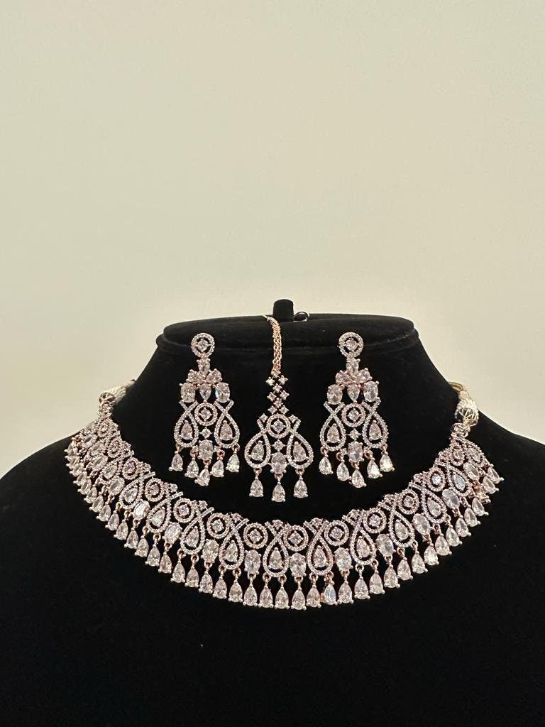 Rosegold Diamond Set/American Diamond Set/Diamond Tika Set/CZ Set/Zicon Jewelry/Indian Jewelry Set/Wedding Set