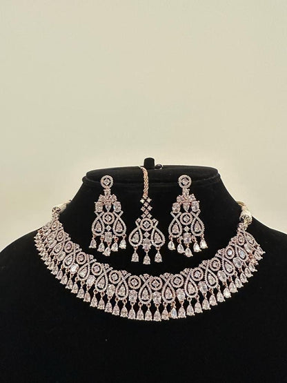 Rosegold Diamond Set/American Diamond Set/Diamond Tika Set/CZ Set/Zicon Jewelry/Indian Jewelry Set/Wedding Set