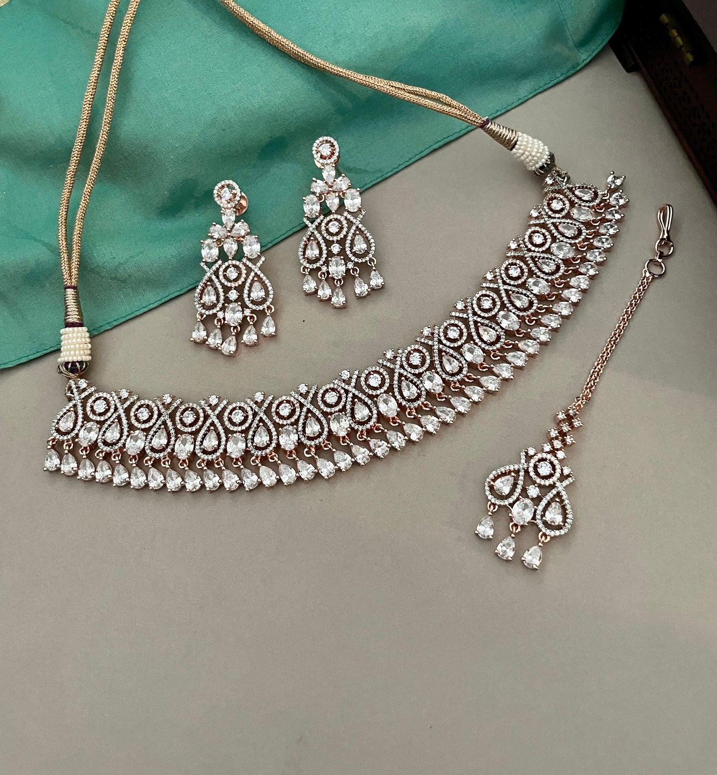 Rosegold Diamond Set/American Diamond Set/Diamond Tika Set/CZ Set/Zicon Jewelry/Indian Jewelry Set/Wedding Set