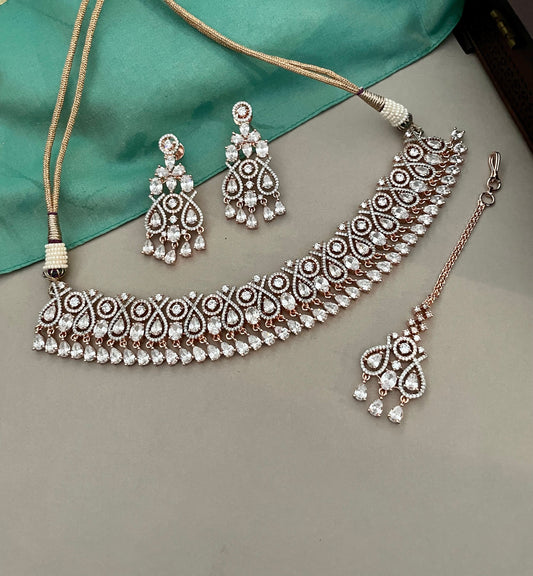 Rosegold Diamond Set/American Diamond Set/Diamond Tika Set/CZ Set/Zicon Jewelry/Indian Jewelry Set/Wedding Set