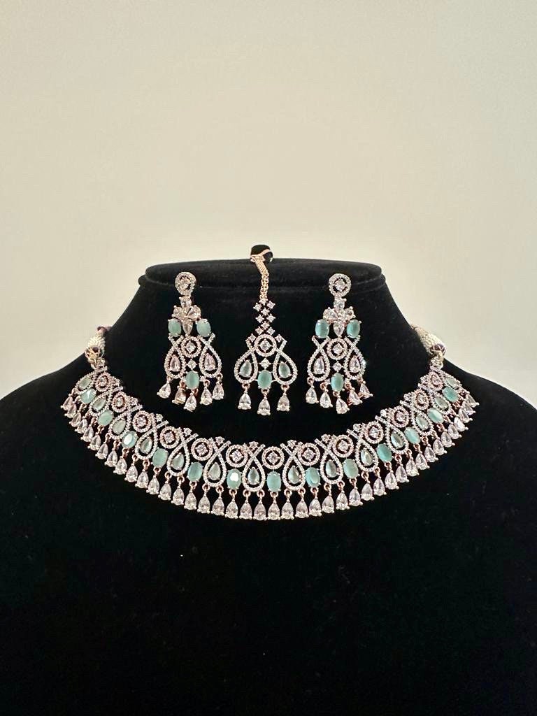 Mintgreen Rosegold Diamond Set/American Diamond Set/Diamond Tika Set/CZ Set/Zicon Jewelry/Indian Jewelry Set/Wedding Set
