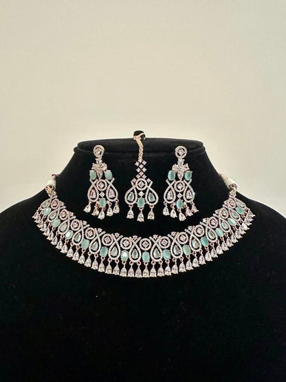Mintgreen Rosegold Diamond Set/American Diamond Set/Diamond Tika Set/CZ Set/Zicon Jewelry/Indian Jewelry Set/Wedding Set