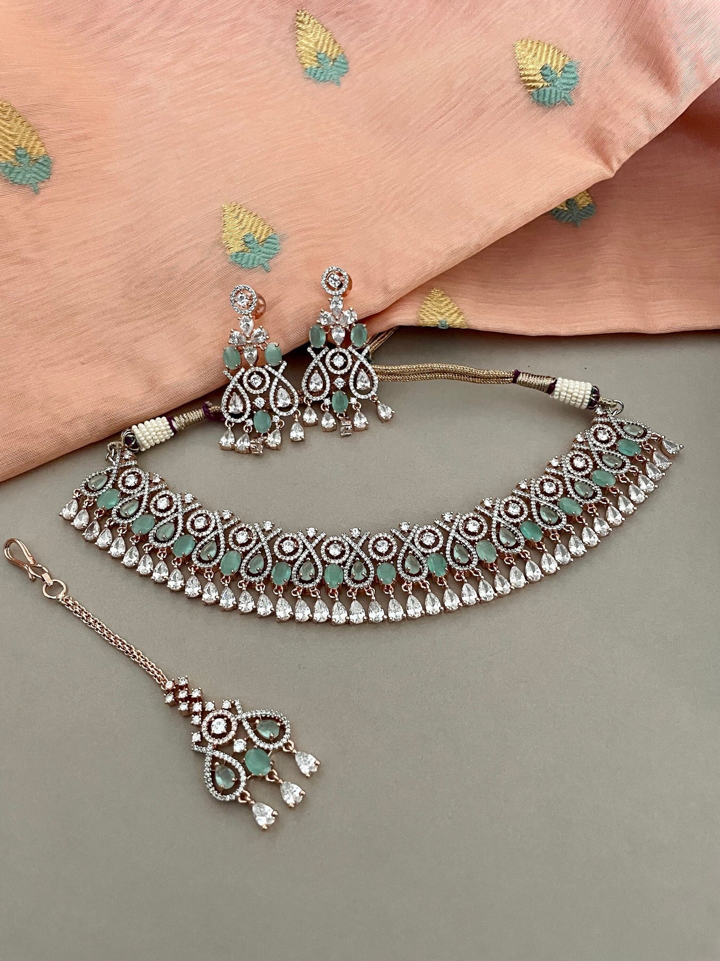 Mintgreen Rosegold Diamond Set/American Diamond Set/Diamond Tika Set/CZ Set/Zicon Jewelry/Indian Jewelry Set/Wedding Set