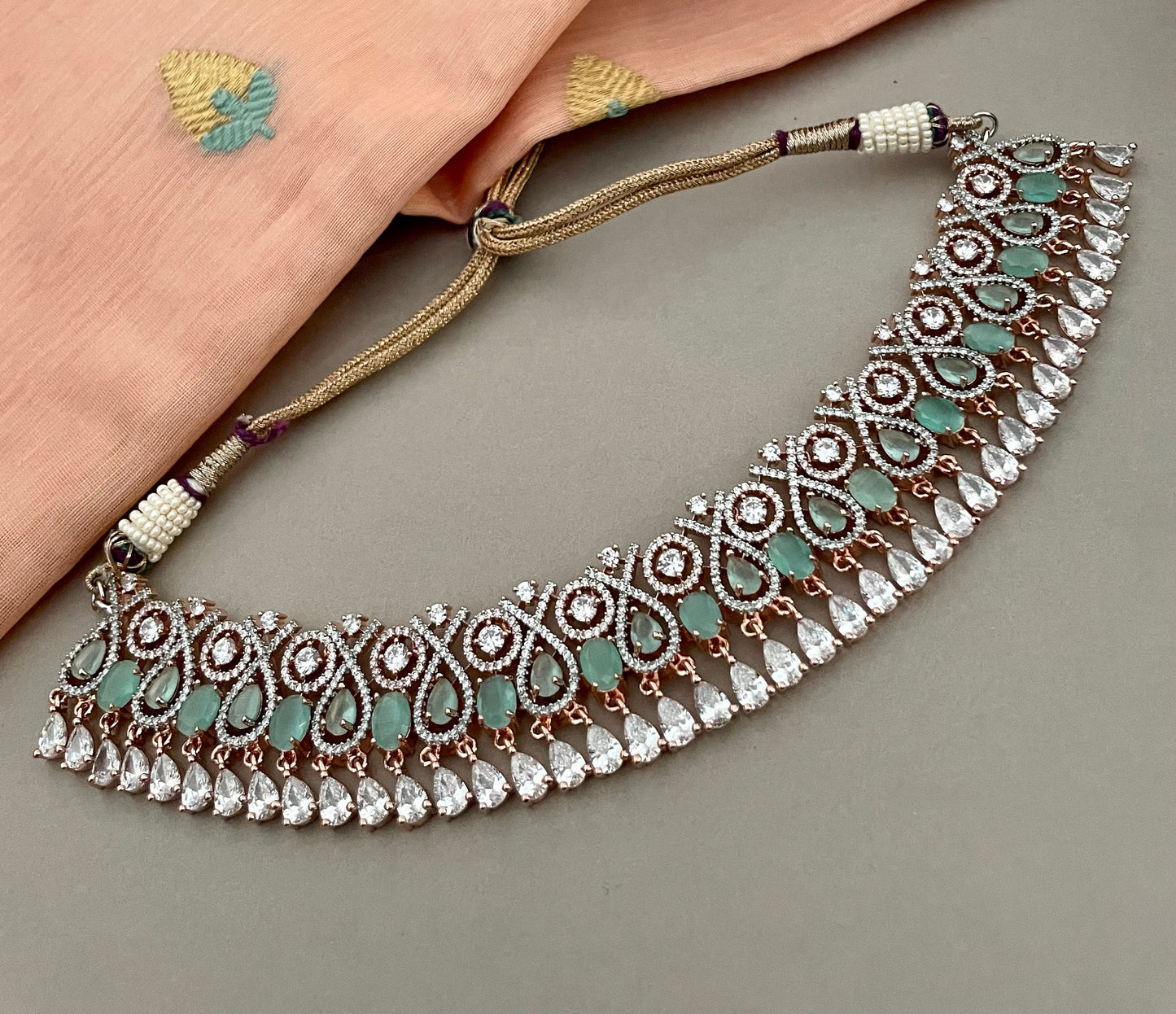 Mintgreen Rosegold Diamond Set/American Diamond Set/Diamond Tika Set/CZ Set/Zicon Jewelry/Indian Jewelry Set/Wedding Set