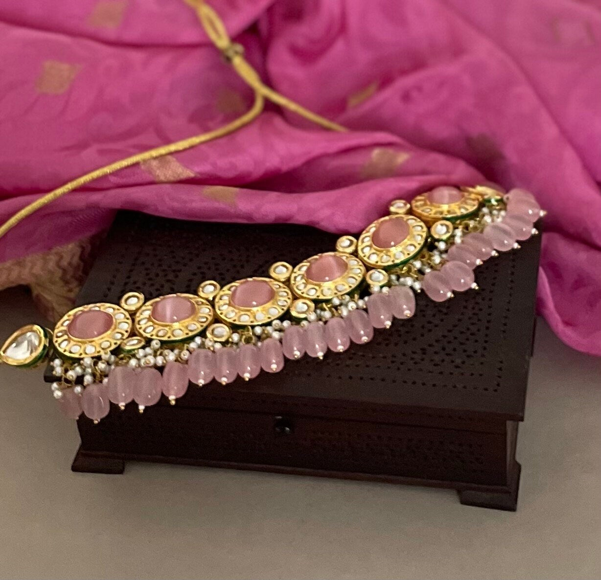 Pink Choker Necklace Set/Kundan Jewelry Set/Tika Set/Indian Jewelry Set/Bollywood Jewelry/Wedding Set/Punjabi Jewellery