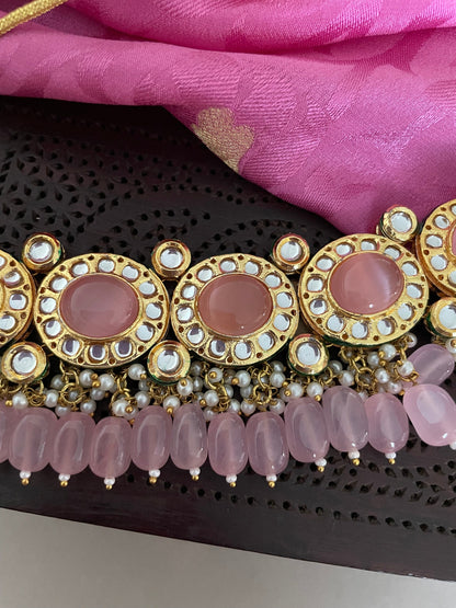 Pink Choker Necklace Set/Kundan Jewelry Set/Tika Set/Indian Jewelry Set/Bollywood Jewelry/Wedding Set/Punjabi Jewellery