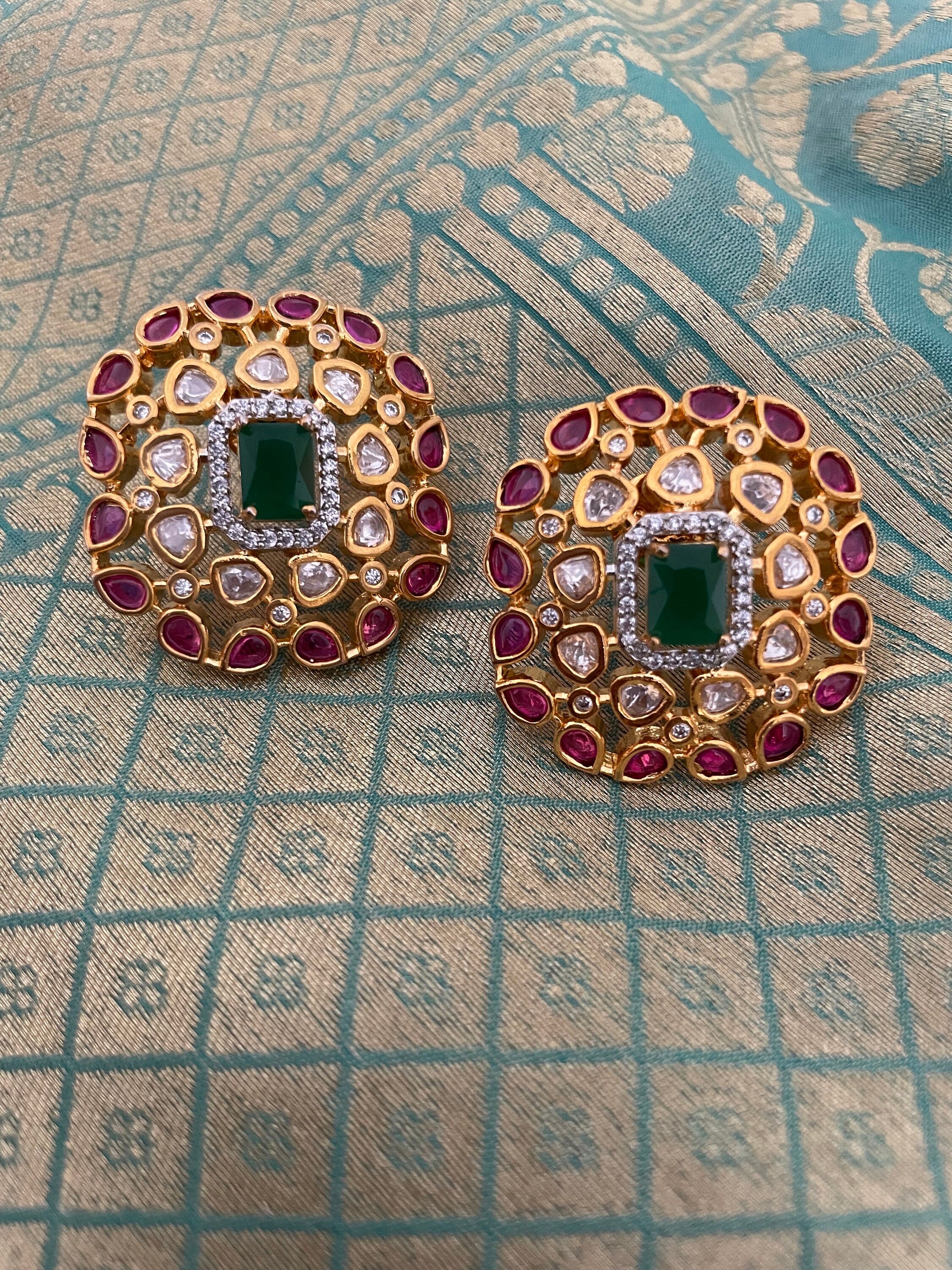 Red and Green Kundan Stud Earrings